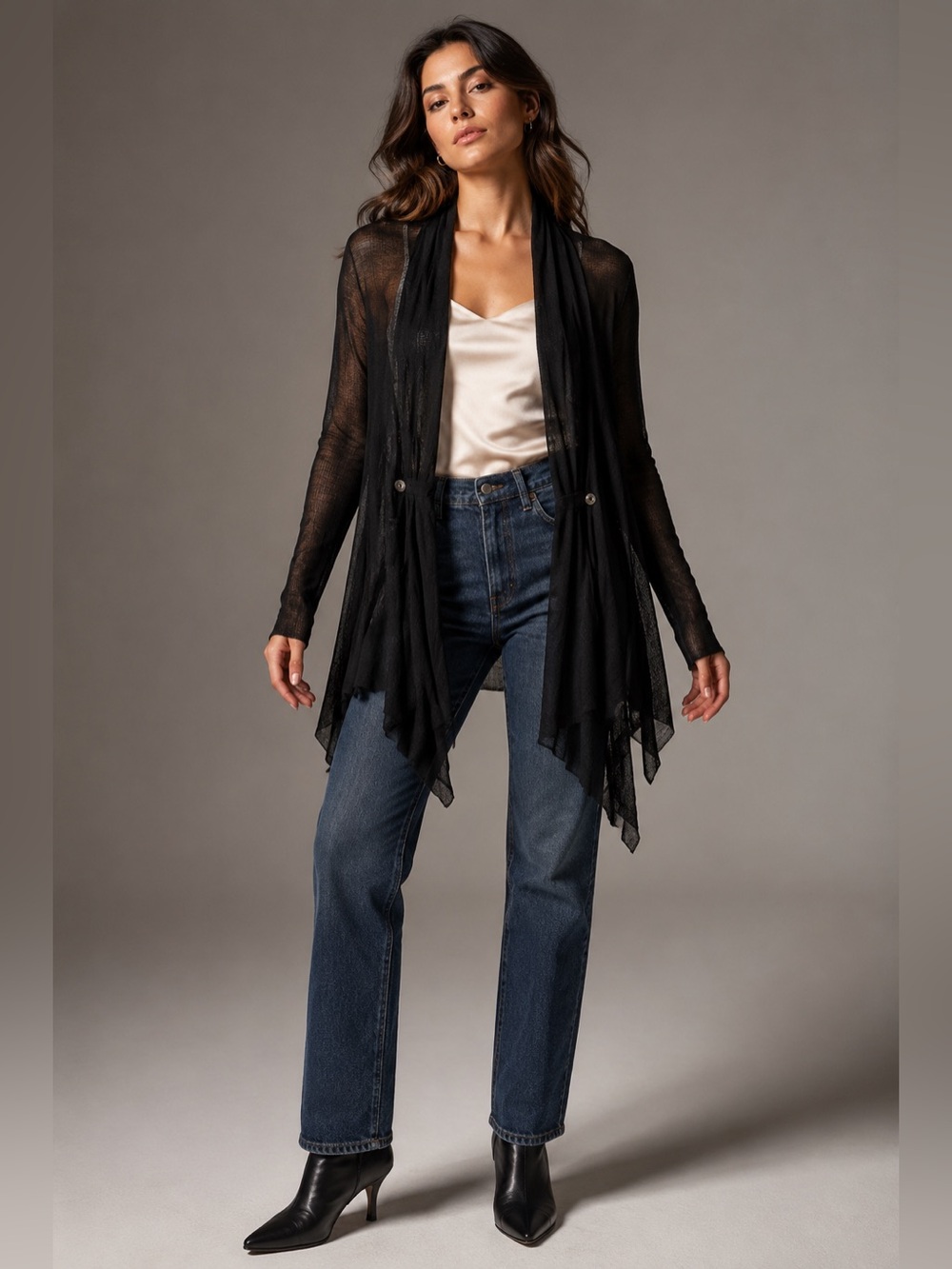 h.i.p. Women’s Small Black Sheer Open Knit Waterfall Cardigan Asymmetrical Hem